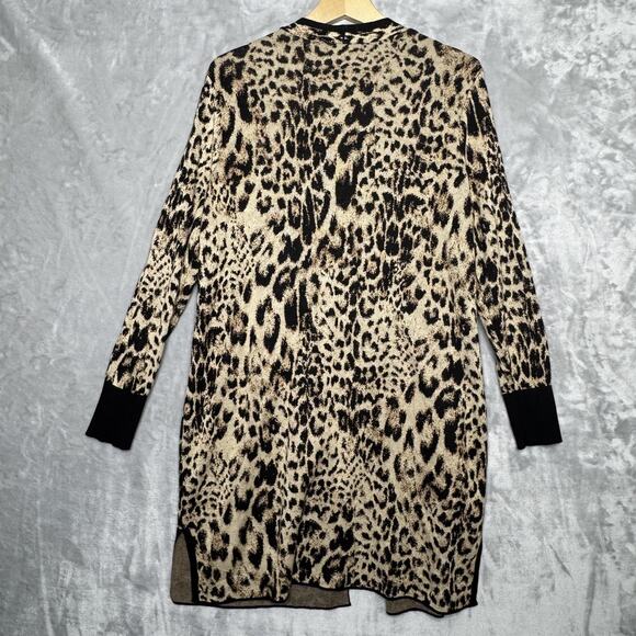 Chico's Sweater Womens Large Tan Black Leopard Print Open Front Cardigan Pockets - Picture 2 of 8